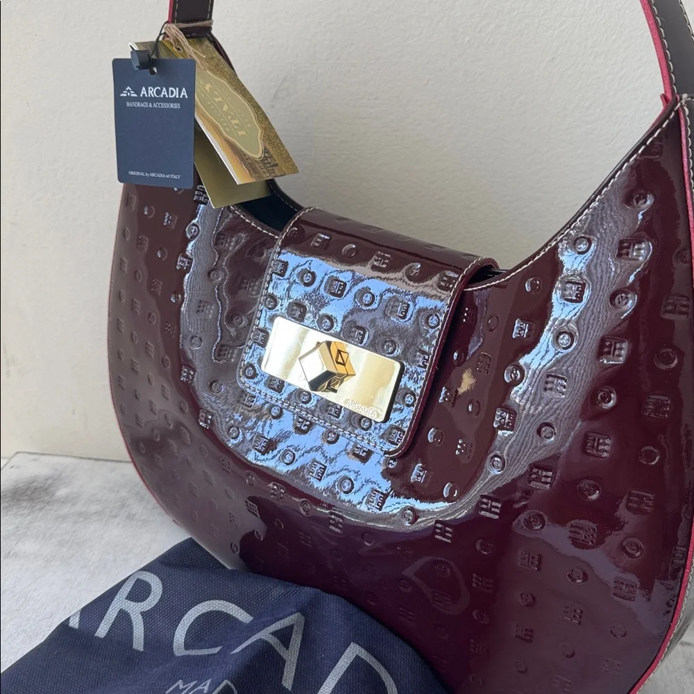 ARCADIA  PATENT LEATHER SHOULDER HOBO HANDBAG RED MADE in ITALY